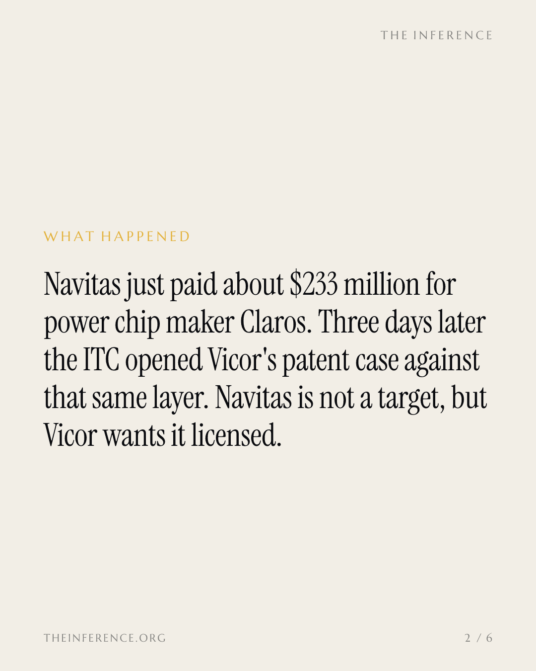 Vicor's patent fight is setting the price of the $233 million power layer Navitas just bought — slide 1