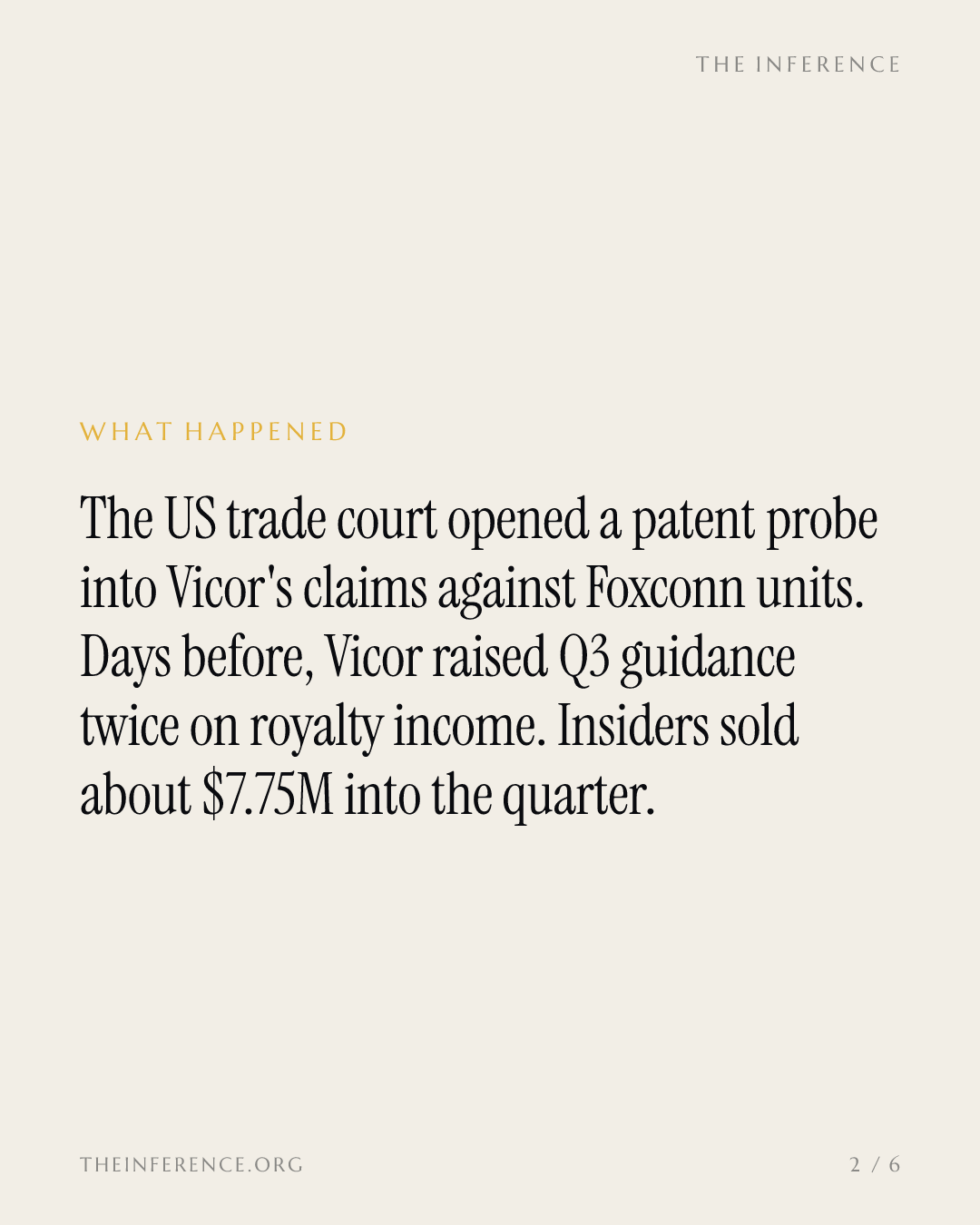 Vicor raised Q3 guidance twice in nine days to above 30% growth; the ITC put Foxconn on the docket — slide 1