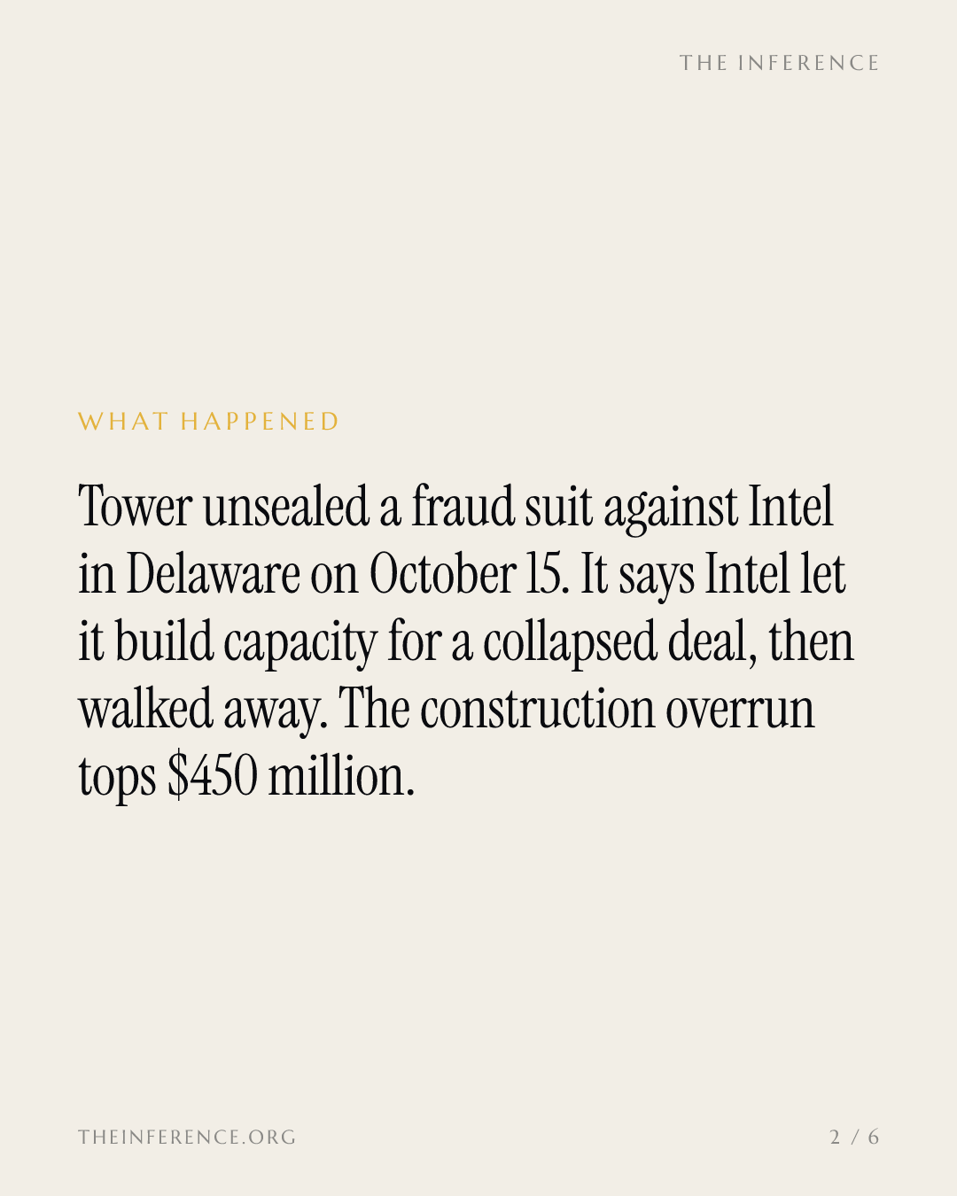 Tower Semiconductor sued Intel over $450 million in walk-away costs ahead of its Nov. 2 print — slide 1