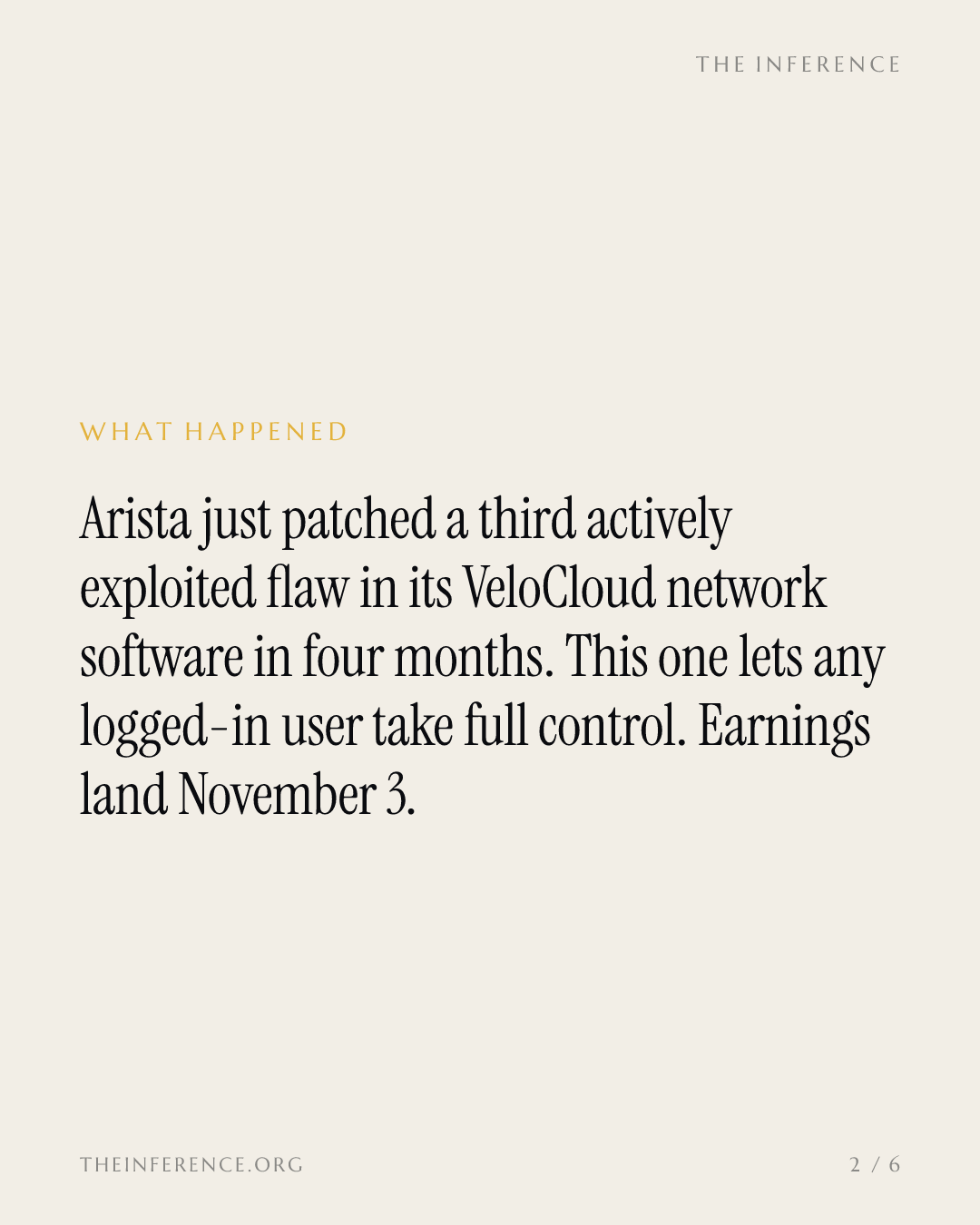 Arista patches a third exploited VeloCloud zero-day, a CVSS 9.9, eight days before its November 3 earnings — slide 1