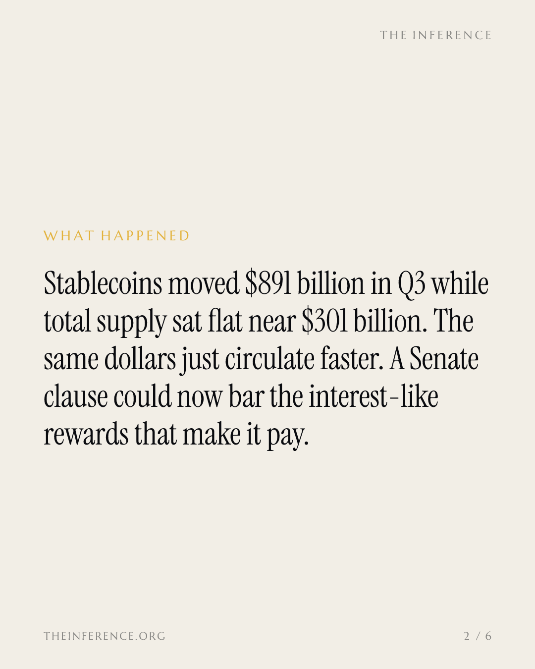 Coinbase says $891 billion of stablecoins moved in Q3 on a flat $301 billion float as a Senate clause looms — slide 1