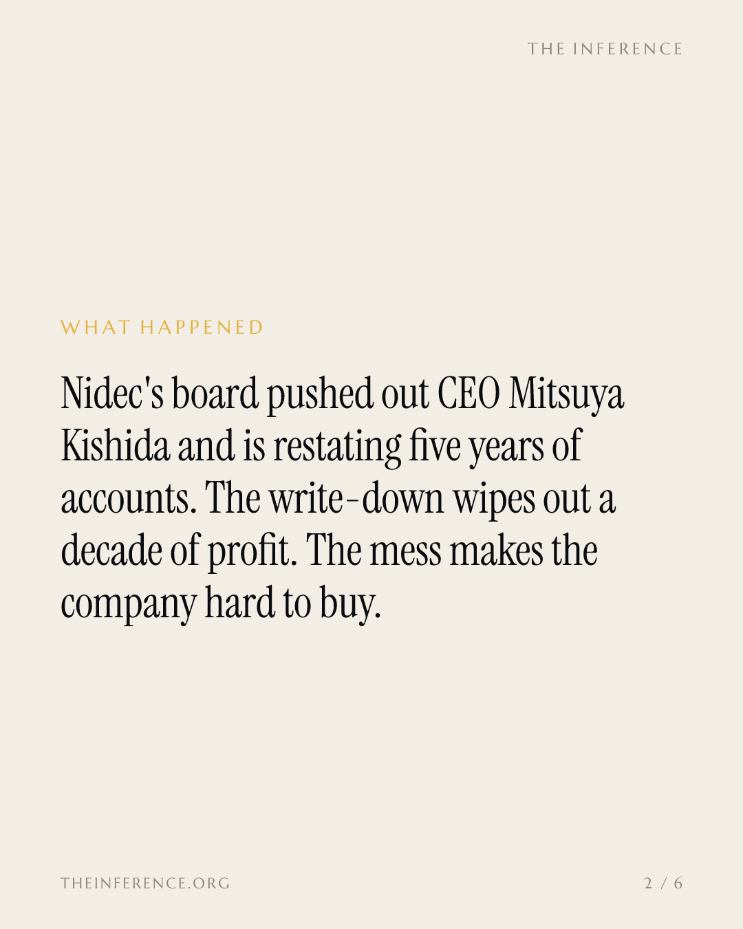 Nidec's reported ¥1tn write-down equals 59% of its equity, and the messy books keep a cheap company whole — slide 1