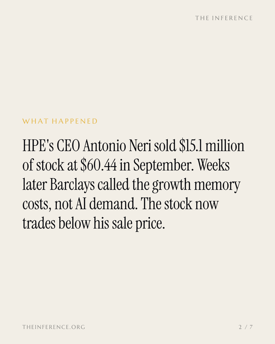 HPE's CEO sold $15.1 million of stock; five weeks later Barclays said the growth was memory inflation — slide 1