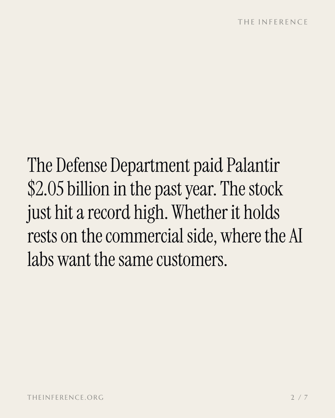 The Defense Department paid Palantir $2.05 billion in a year. The short case runs through the commercial line — slide 1