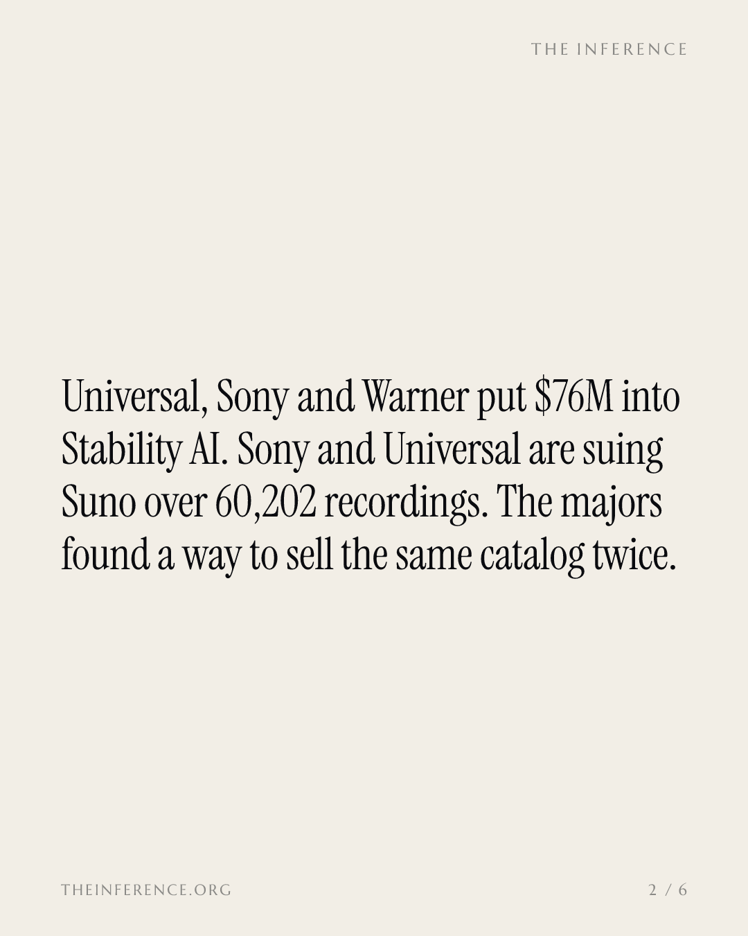 Three majors price one catalog two ways: $76M into Stability, 60,202 claims against Suno — slide 1