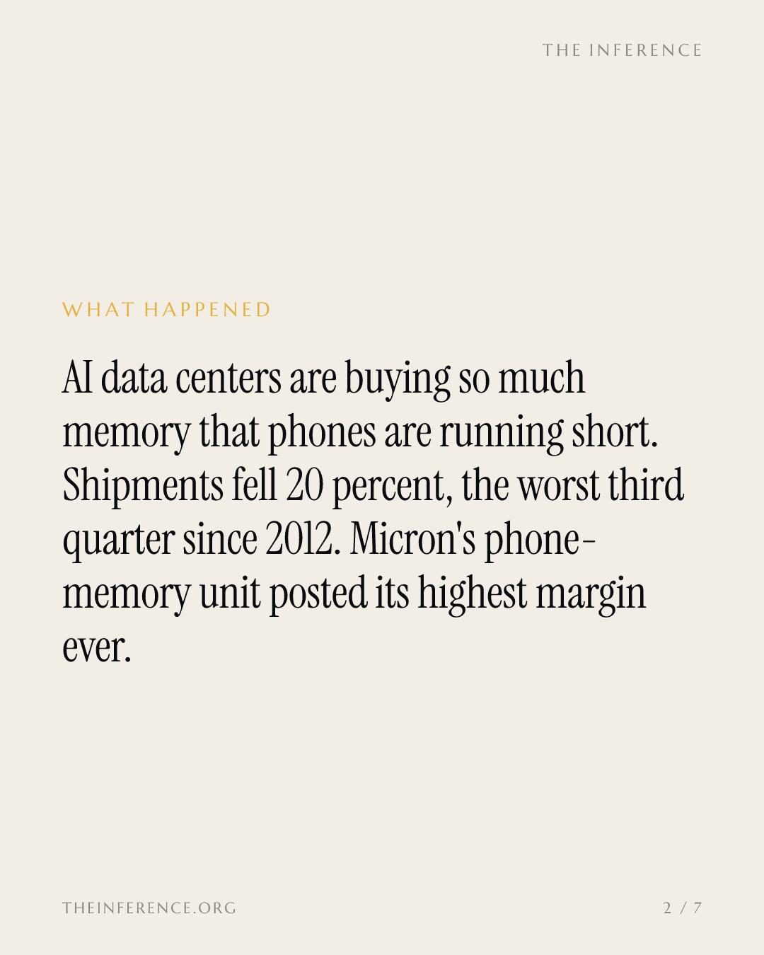 Smartphone shipments fell 20%, the weakest since 2012, while Micron's mobile memory margin hit 88% — slide 1
