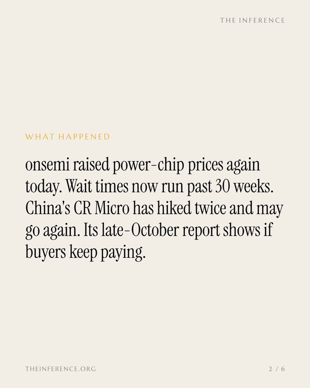 onsemi raises prices again today; power-chip lead times top 30 weeks and CR Micro may follow — slide 1