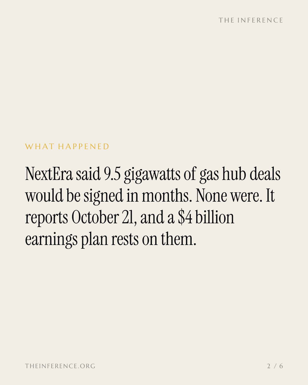 NextEra reports October 21 with 9.5 gigawatts of gas hub contracts unsigned past its own deadline — slide 1