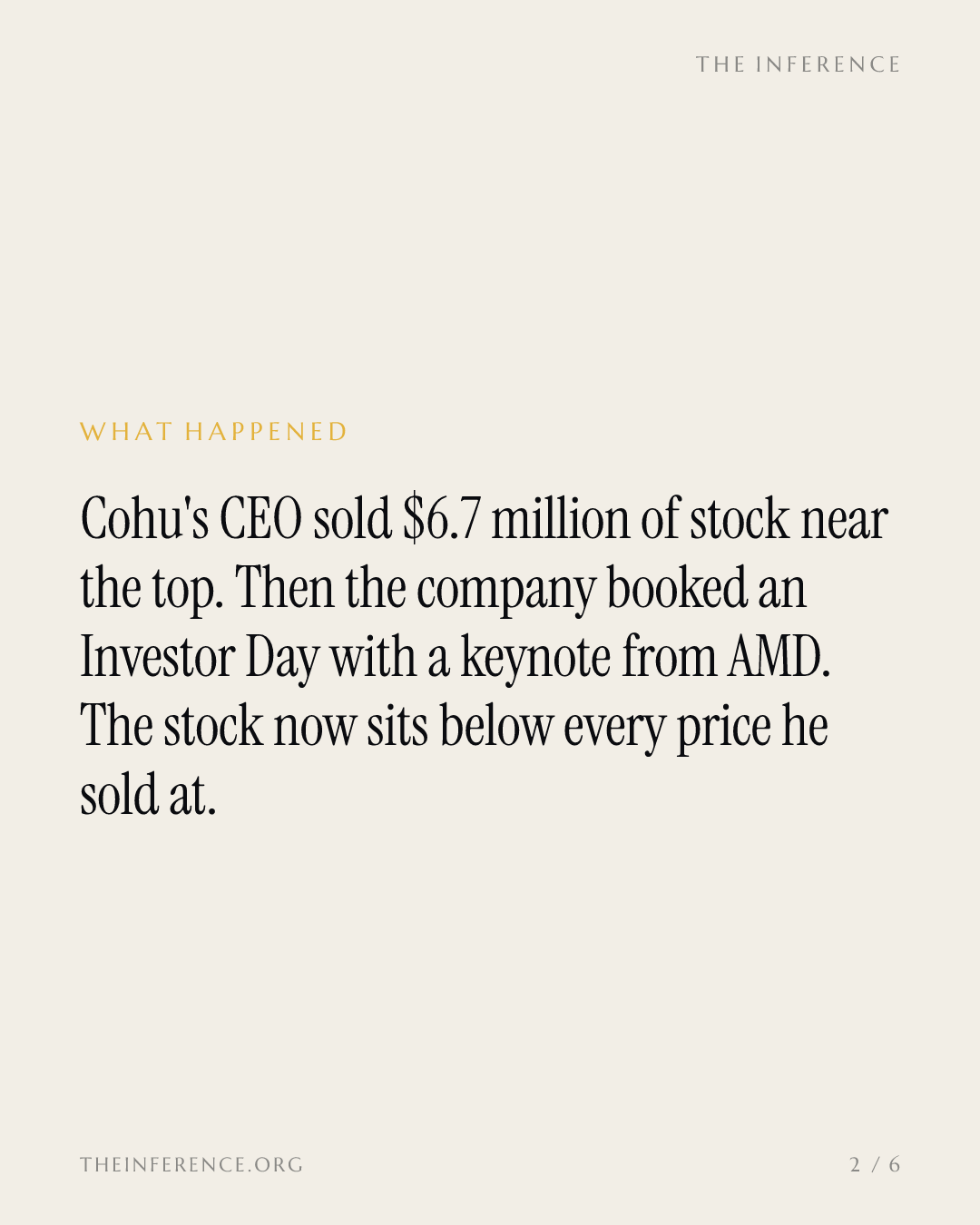 Cohu's CEO sold $6.7 million of stock near the $74.69 all-time high; the stock has fallen to $50.81 — slide 1