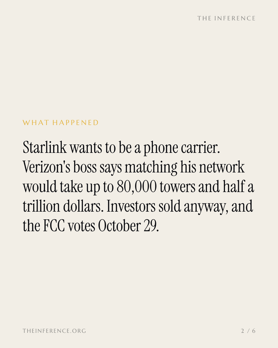 Verizon prices Starlink's phone threat at $500 billion and 80,000 towers; FCC votes October 29 — slide 1