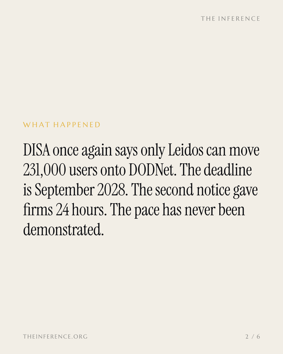 For the second time, DISA says only Leidos can finish DODNet, with 231,000 users due — slide 1