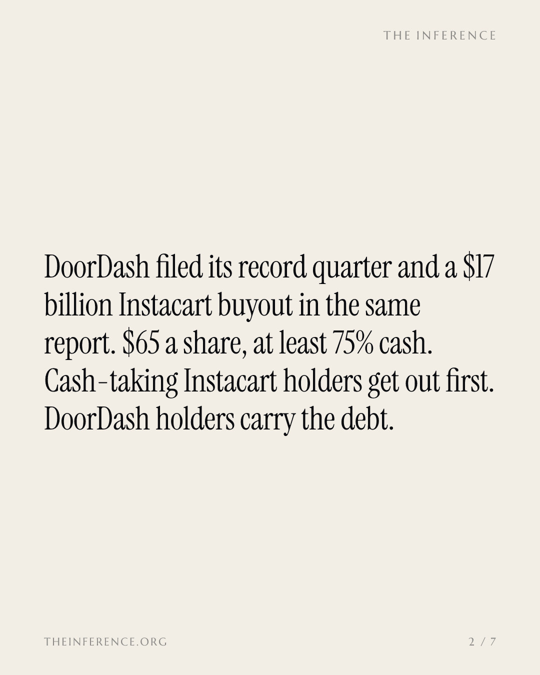 DoorDash's record quarter funds a $17 billion Instacart buyout at $65 a share, at least 75% in cash — slide 1