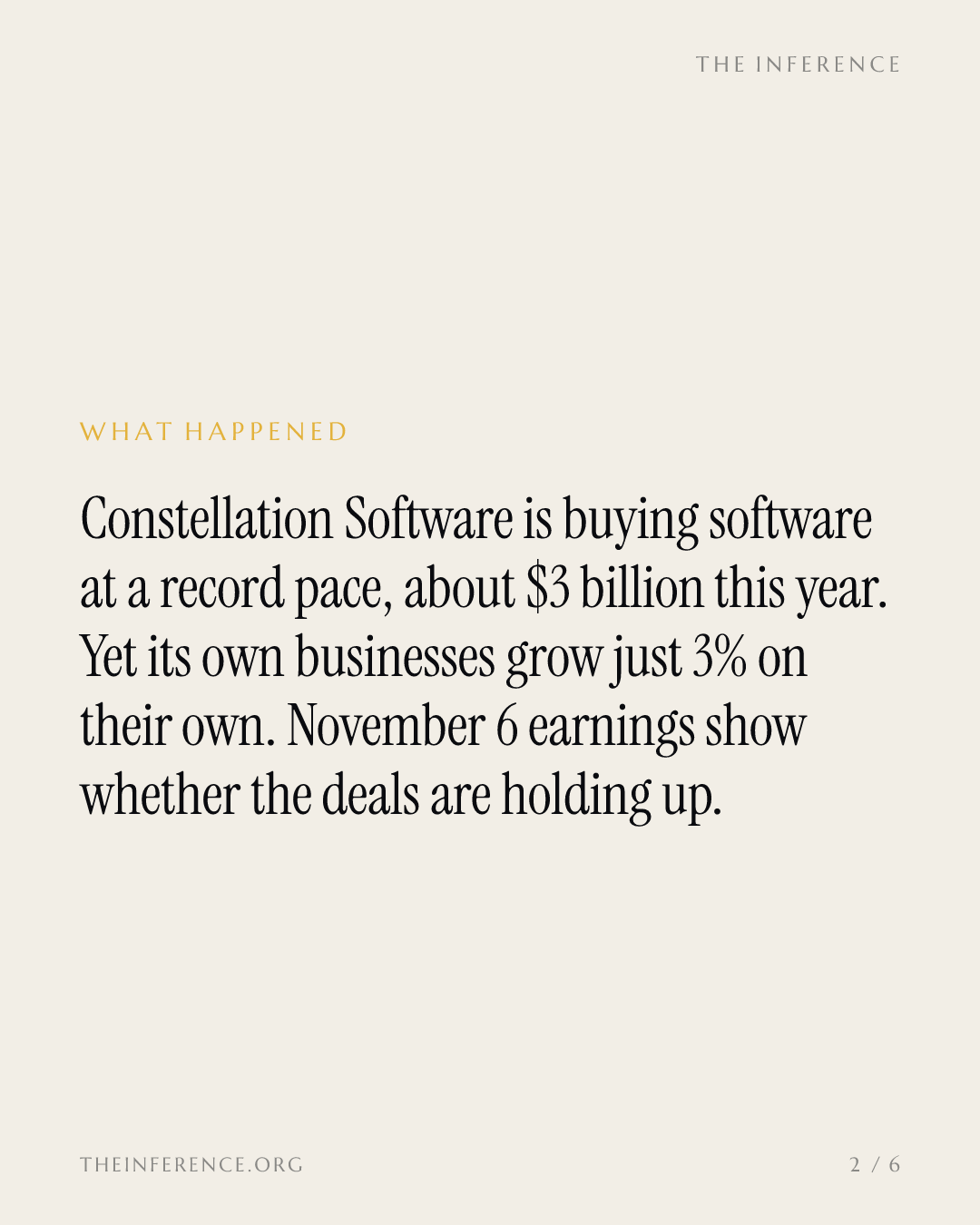 Constellation Software's record $3 billion buying year faces its 3% organic growth test on November 6 — slide 1