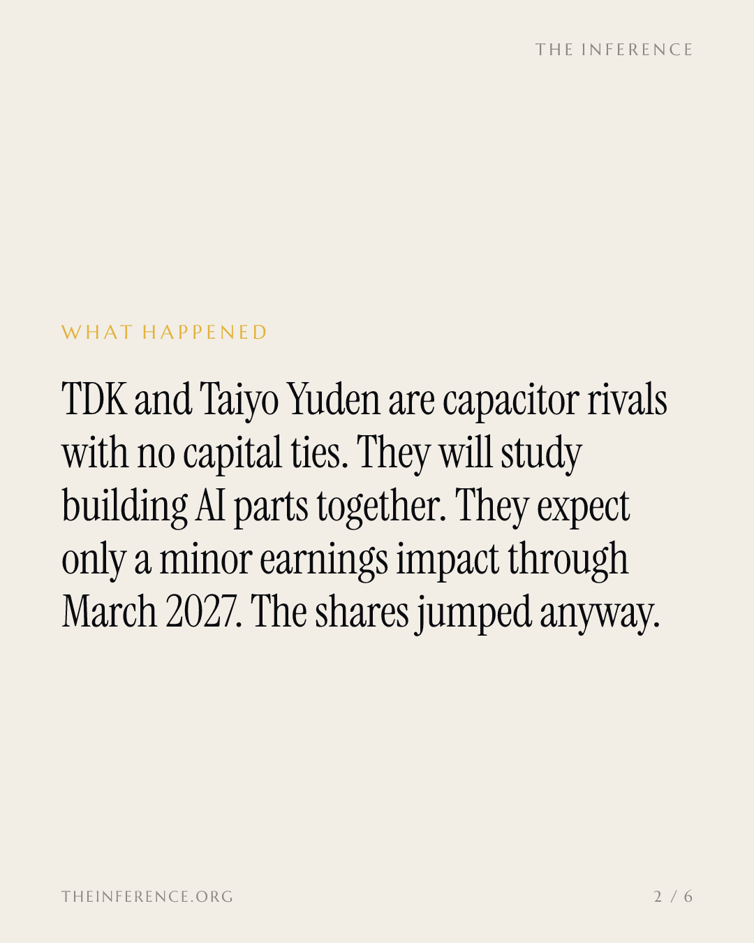TDK and Taiyo Yuden agree to study an AI capacitor alliance; the pop is paid for with time, not earnings — slide 1