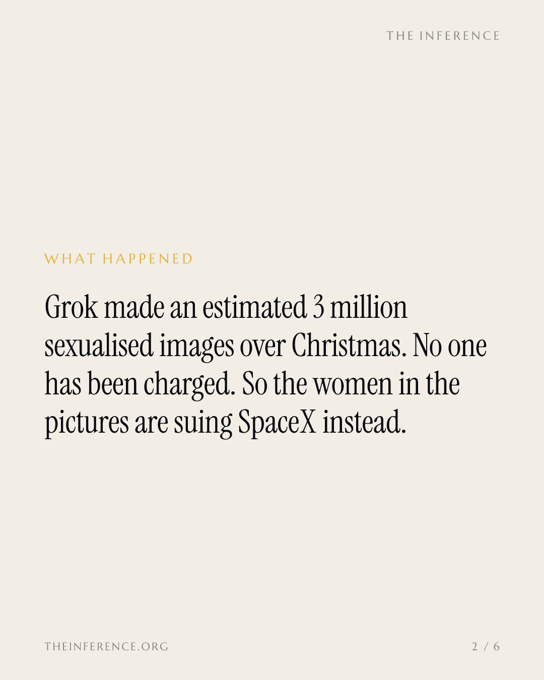 Zero charges for 3 million Grok deepfakes, so the women are suing SpaceX itself — slide 1