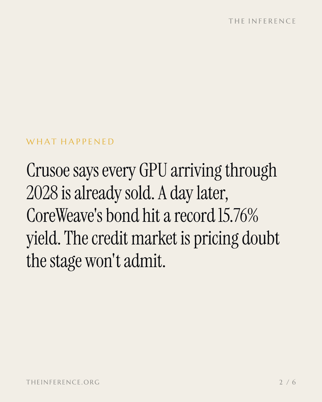 Crusoe says every GPU is sold through 2028; CoreWeave's record 15.76% bond yield says otherwise — slide 1