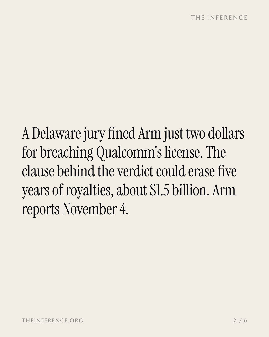 Arm reports November 4 with a $2 verdict and a clause that could erase five years of Qualcomm royalties — slide 1