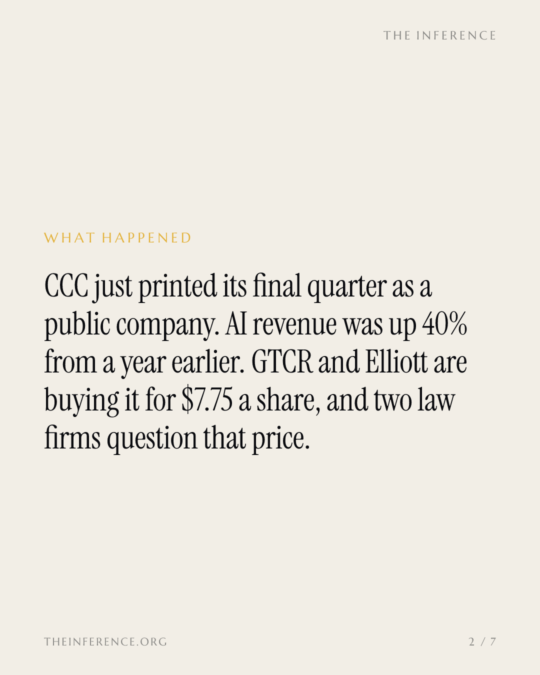 CCC Intelligent Solutions' last public quarter shows AI accelerating before GTCR and Elliott buy it at $7.75 — slide 1