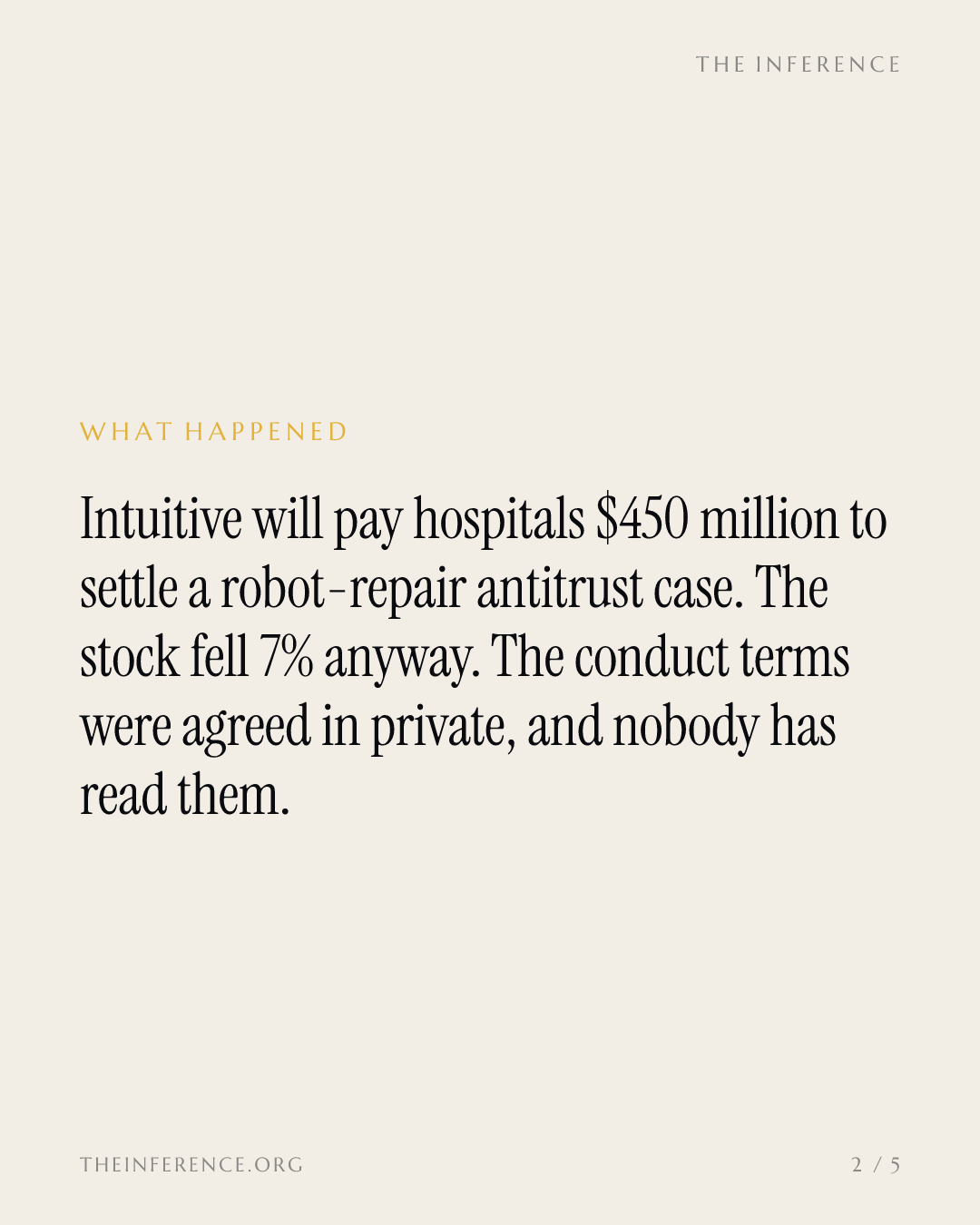 Intuitive Surgical settles hospitals' da Vinci antitrust case for $450 million; the conduct terms are unread — slide 1