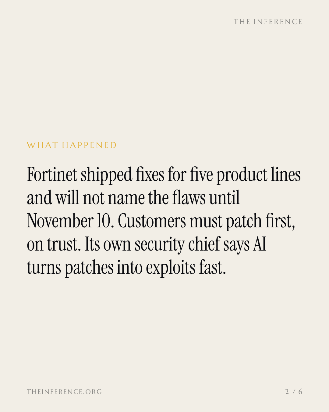 Fortinet's customers must patch blind: fixes shipped October 22, flaws named November 10, earnings October 28 — slide 1