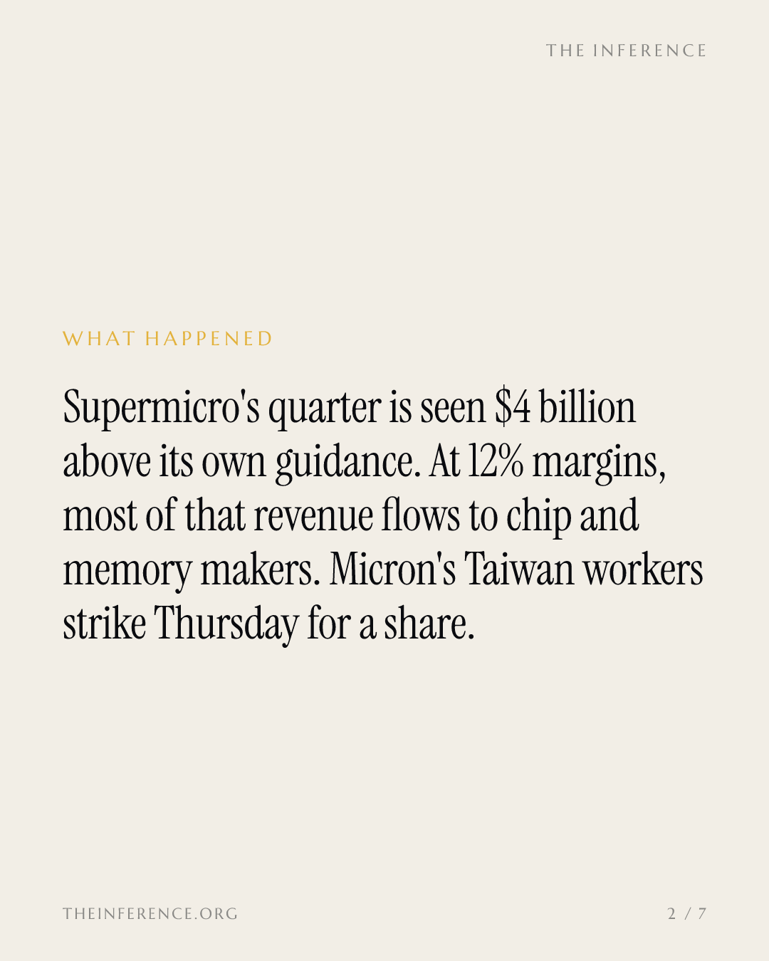 Supermicro-Quartal liegt vier Milliarden Dollar über der Prognose – bei 12 Prozent Marge; Micron-Belegschaft in Taiwan streikt am Donnerstag — slide 1