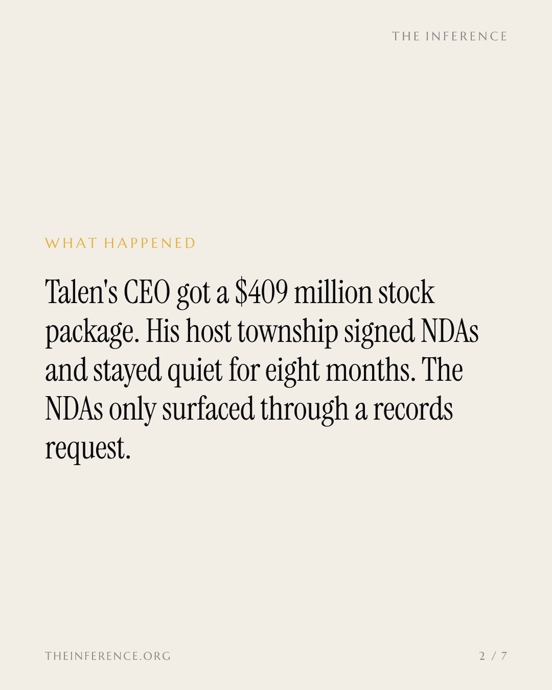 Talen's CEO tops US power pay at $409 million. His host township signed the NDAs. — slide 1