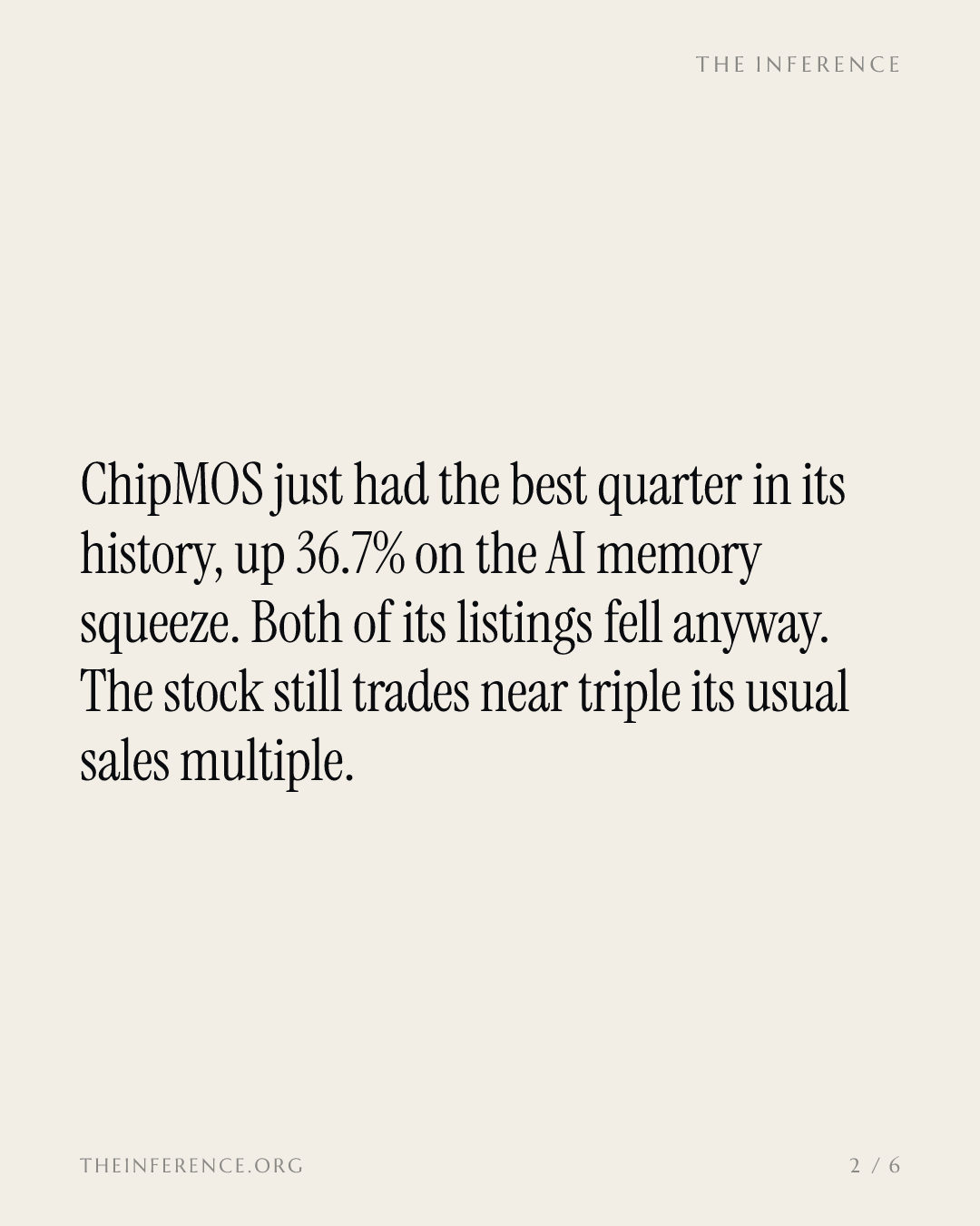 ChipMOS's revenue rose 36.7% to a record and both listings fell; it trades at 3.36 times sales — slide 1