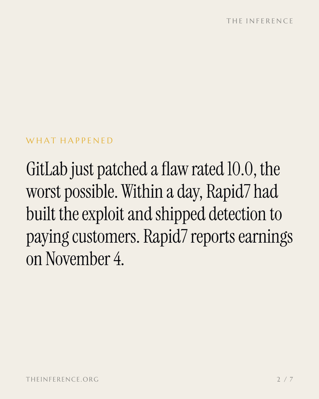 Rapid7 turns GitLab's 10.0 flaw into a live product demo, three weeks before earnings — slide 1