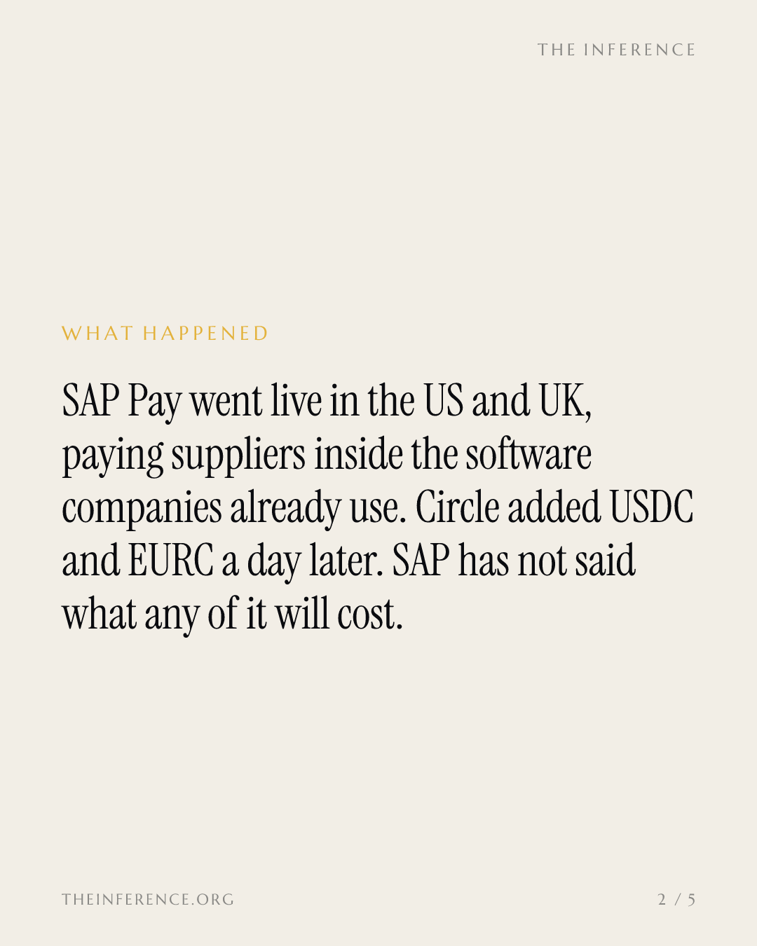 SAP closed the invoice loop with Circle's USDC; whether settlement becomes a toll is unanswered — slide 1