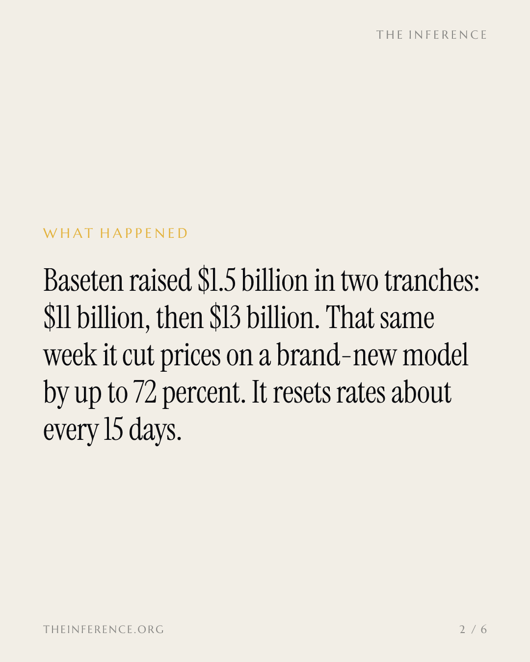 Baseten's $13 billion tranche prices a company that cuts its own rates every 15 days — slide 1