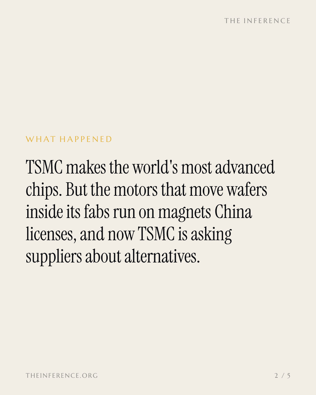 TSMC surveys suppliers on rare-earth-free motors; every fab motor needs a China license — slide 1