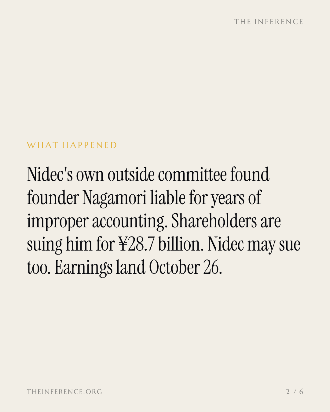 Nidec's own committee puts founder Nagamori on the hook; ¥28.7 billion suit, earnings Oct. 26 — slide 1
