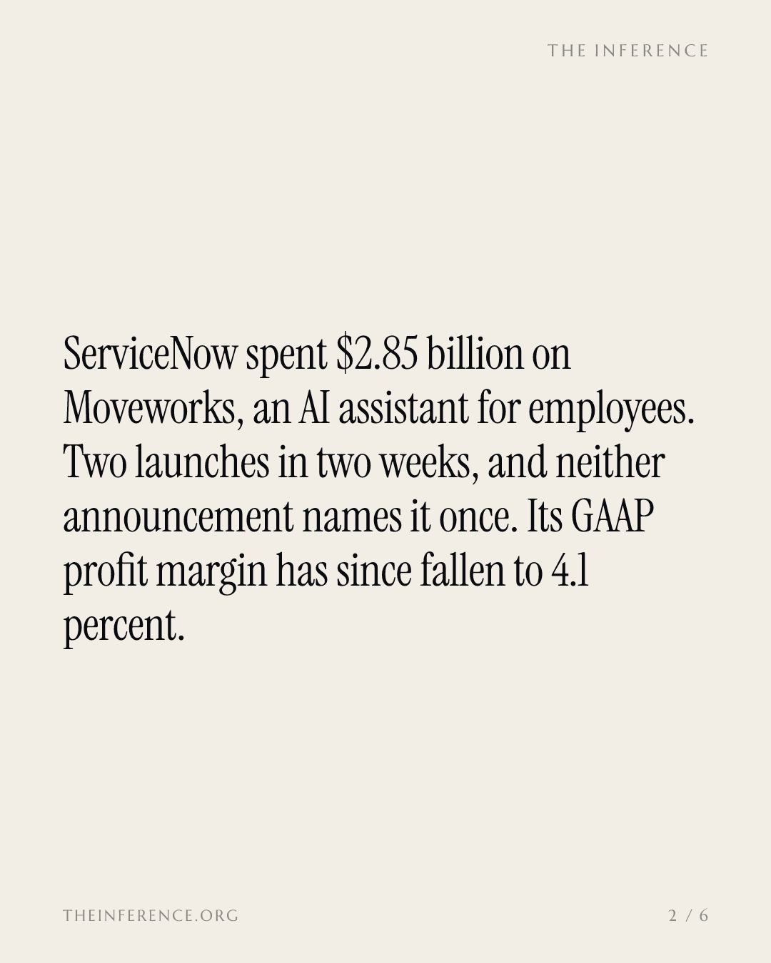 ServiceNow's two launches in two weeks skip its $2.85 billion Moveworks buy; GAAP margin falls to 4.1% — slide 1
