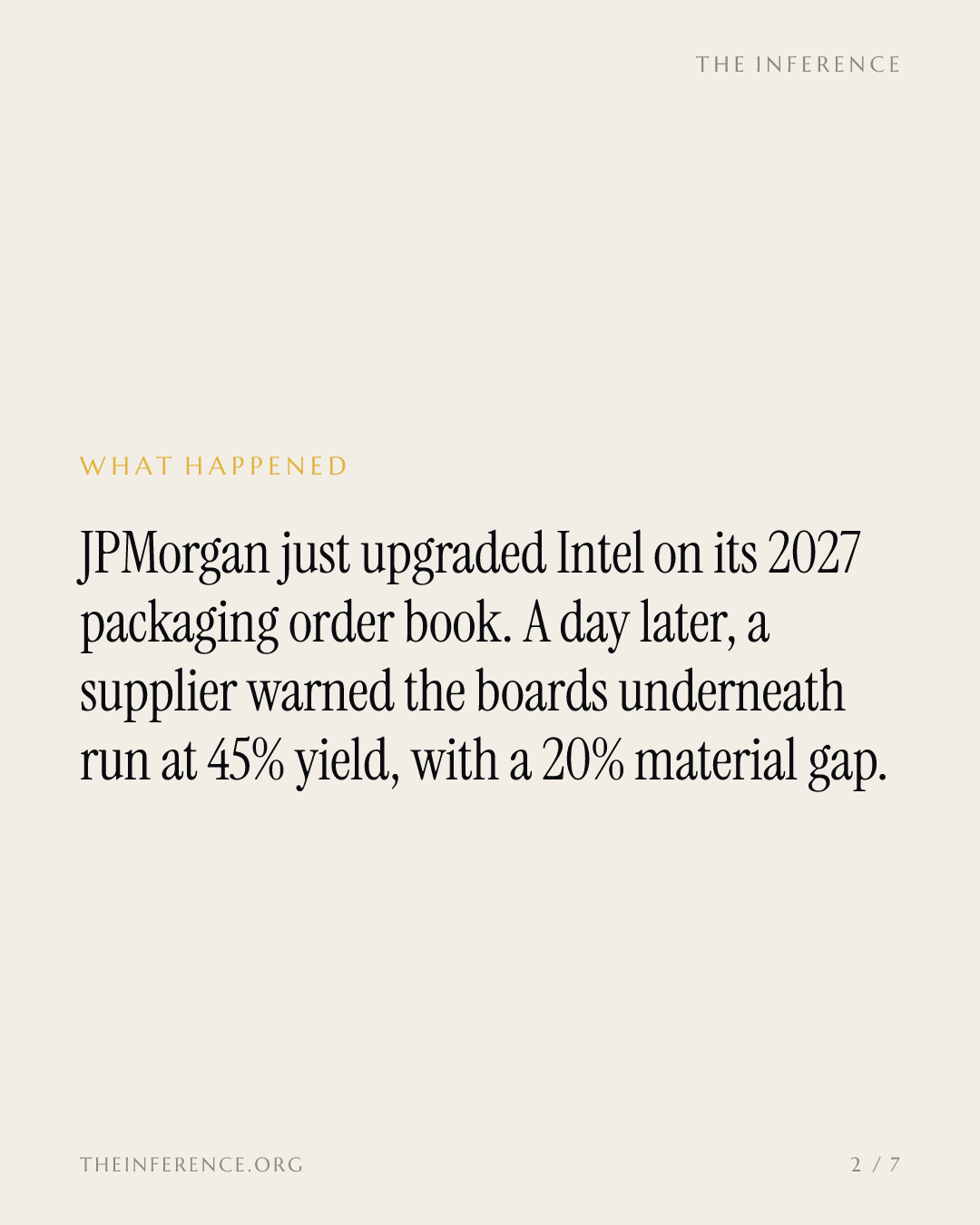 Intel's 2027 packaging ramps meet a substrate wall: 45% yields, 20% material gap — slide 1