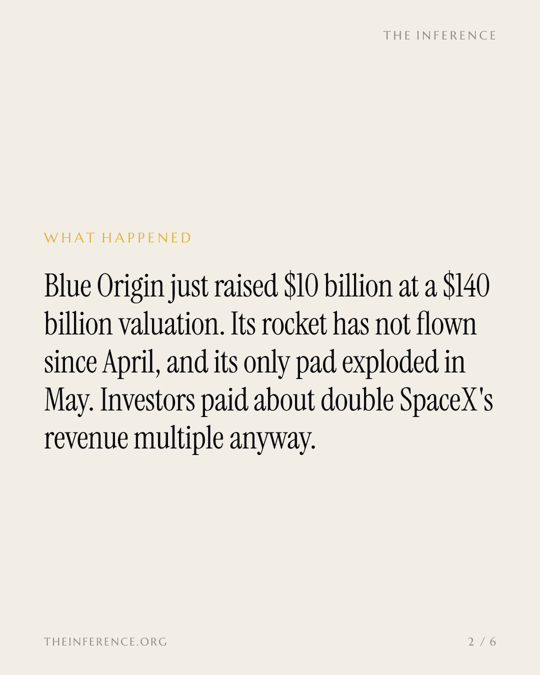 Los inversores pagan por Blue Origin el doble del múltiplo de SpaceX pese a que su única plataforma no registra lanzamientos desde abril — slide 1