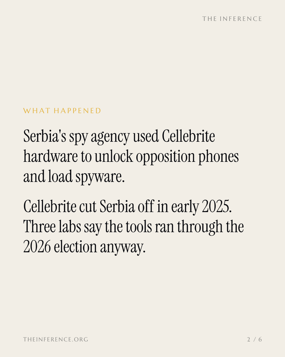 Cellebrite cut off Serbia in 2025. The labs say its tools ran through the 2026 election anyway — slide 1