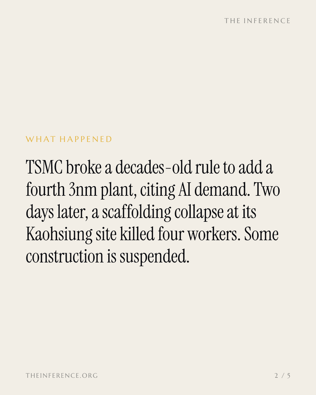 TSMC broke its own rule to add a 3nm fab. Two days later, four workers died. — slide 1