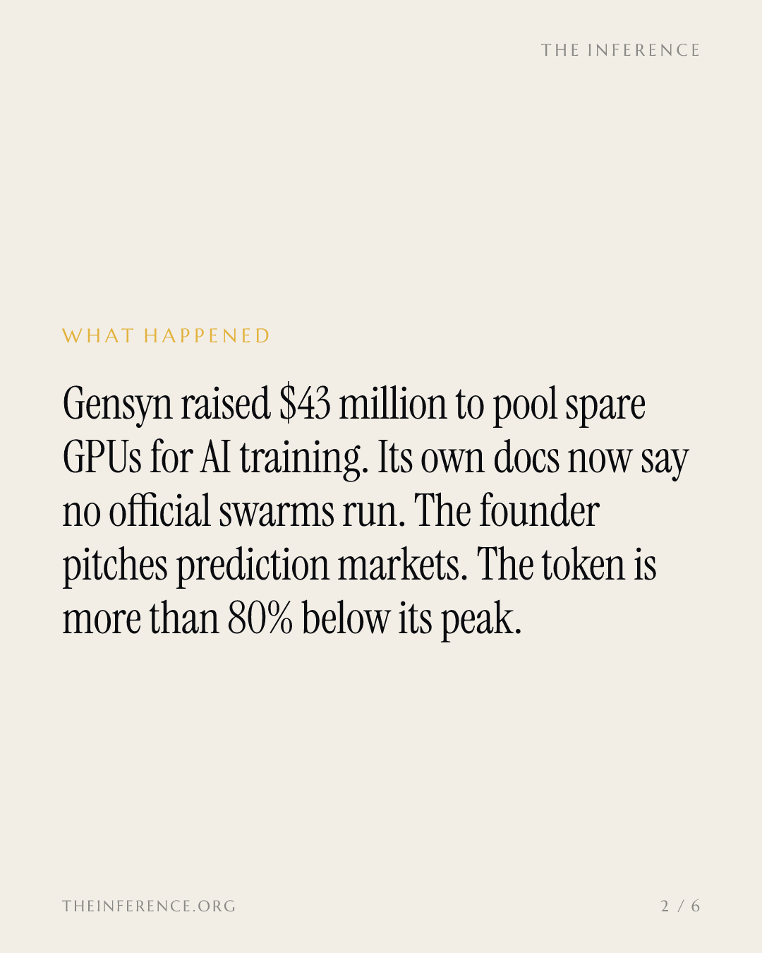 Gensyn raised $43M to pool the world's GPUs. Now it settles bets and its swarm runs nothing. — slide 1