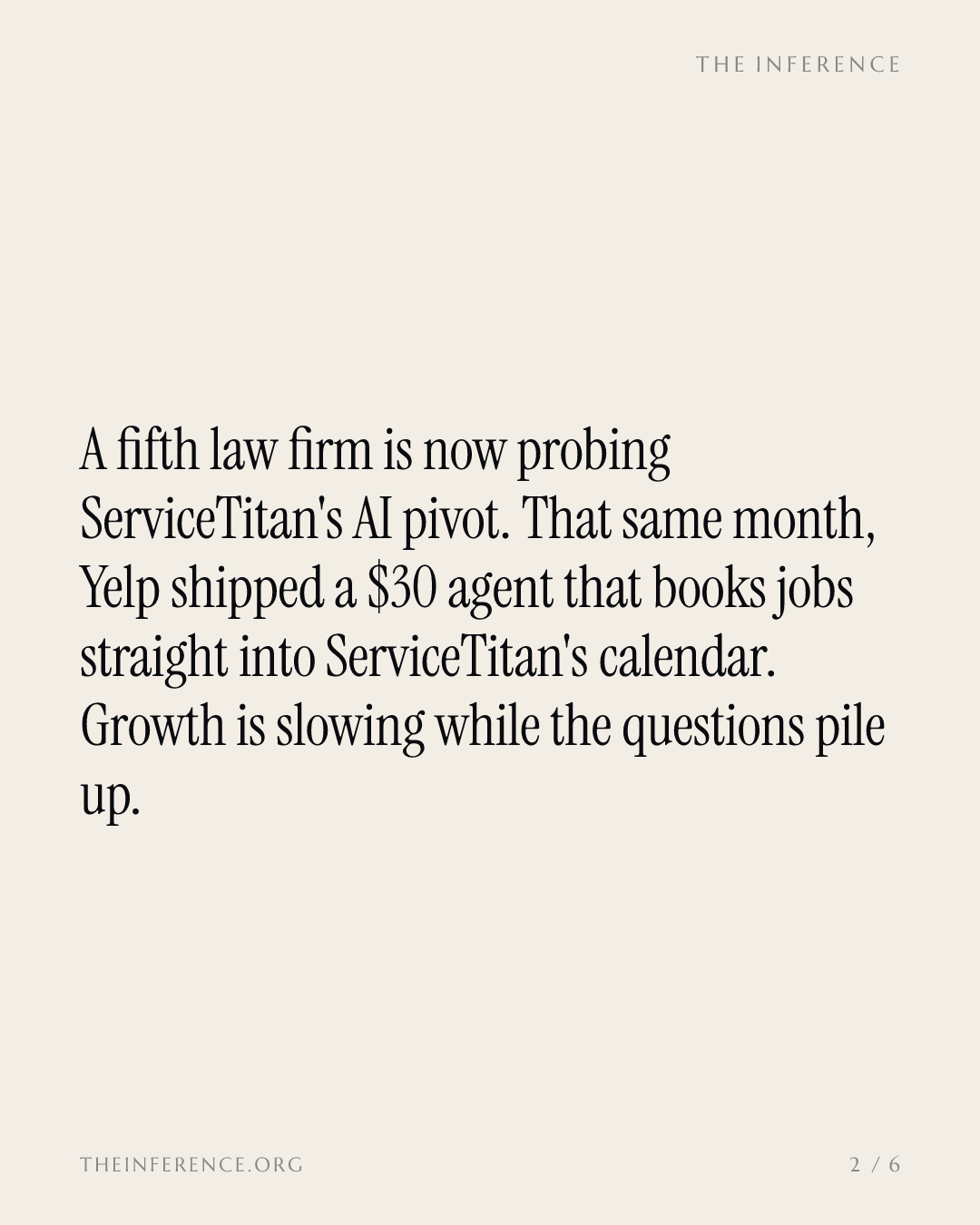 A fifth law firm joins the ServiceTitan probe as Yelp's $30 agent books into its calendar — slide 1