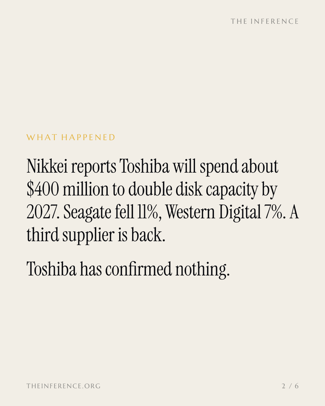 Toshiba's $400 million disk bet just repriced the AI storage duopoly — slide 1