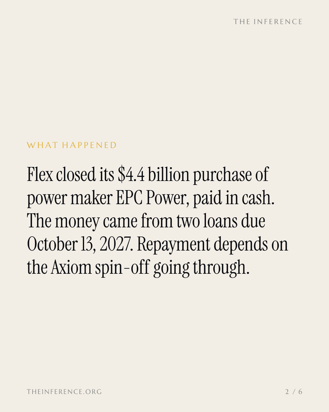 Flex funded its $4.4 billion EPC Power purchase with loans due October 13, 2027, ahead of the Axiom spin-off — slide 1