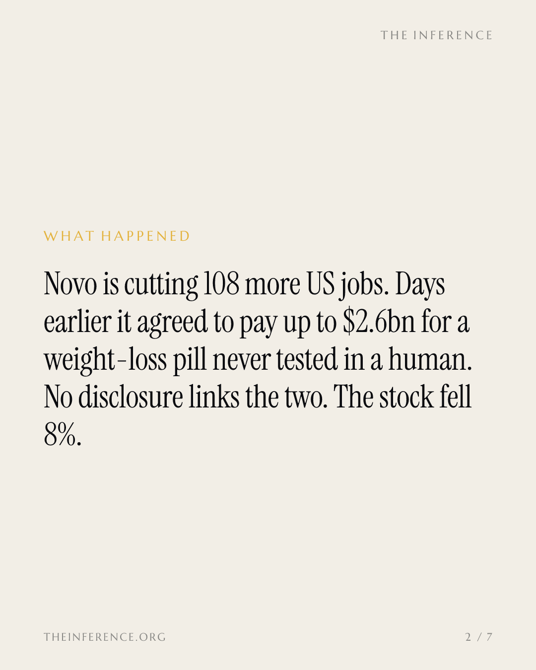 Novo cuts 108 more US jobs days after a $2.6bn deal for a pill never tested in humans — slide 1
