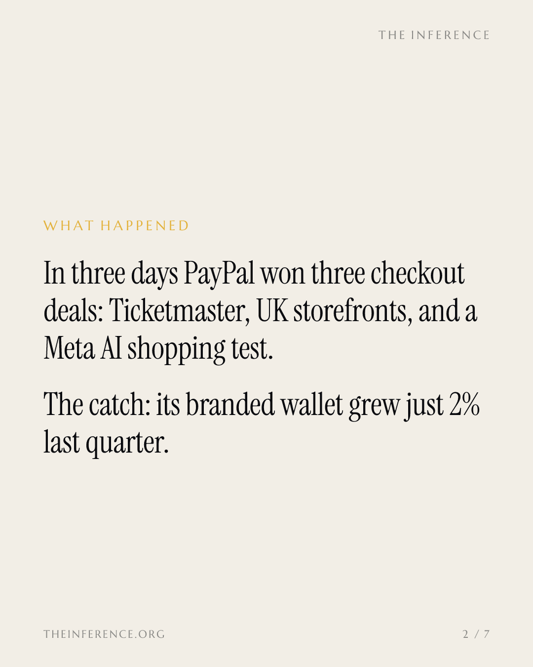 PayPal lands Ticketmaster processing and a Meta checkout slot; branded wallet grew just 2% — slide 1