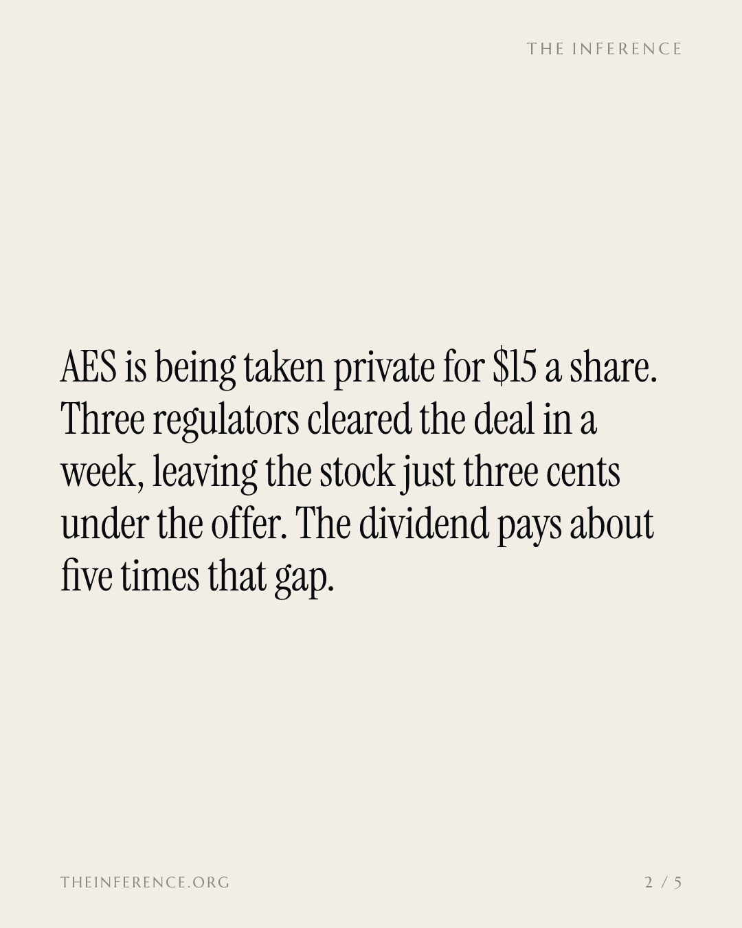 AES sits three cents under the $15 buyout; holding for the dividend pays five times the spread — slide 1