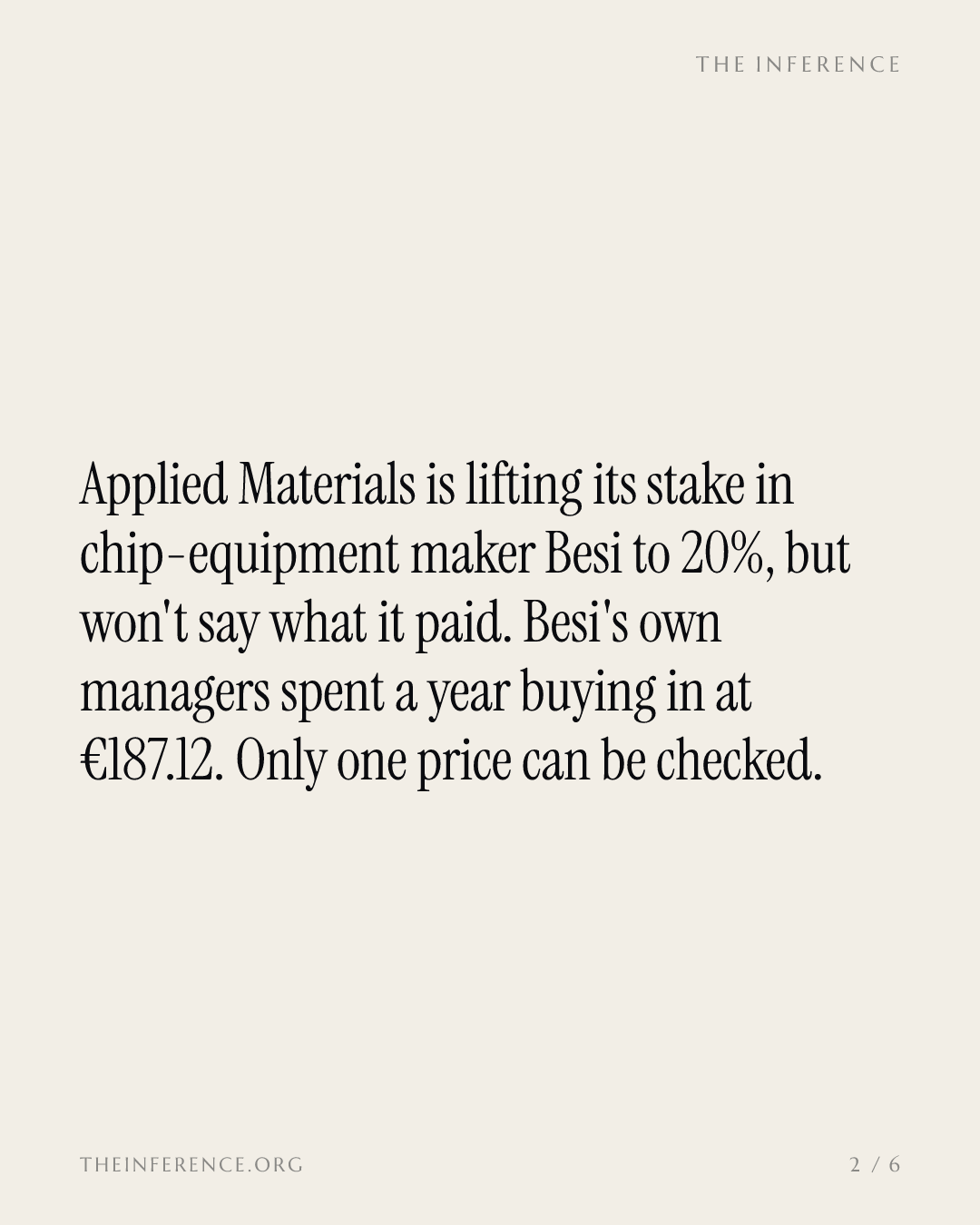 Applied Materials takes its Besi stake to 20% at an undisclosed price; Besi bought back at €187.12 — slide 1