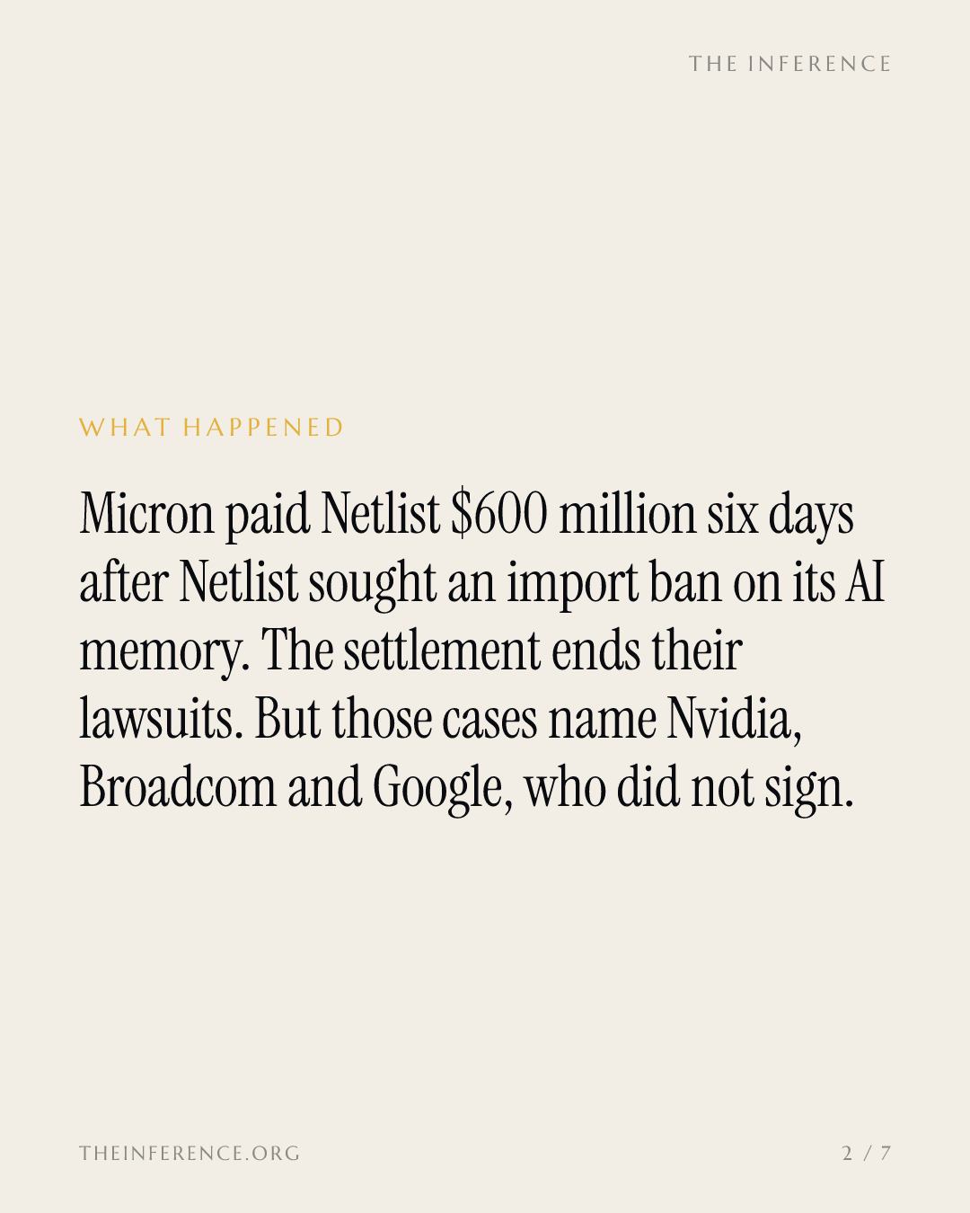 Micron paid Netlist $600 million six days after Netlist's import-ban request; the cases stay open — slide 1