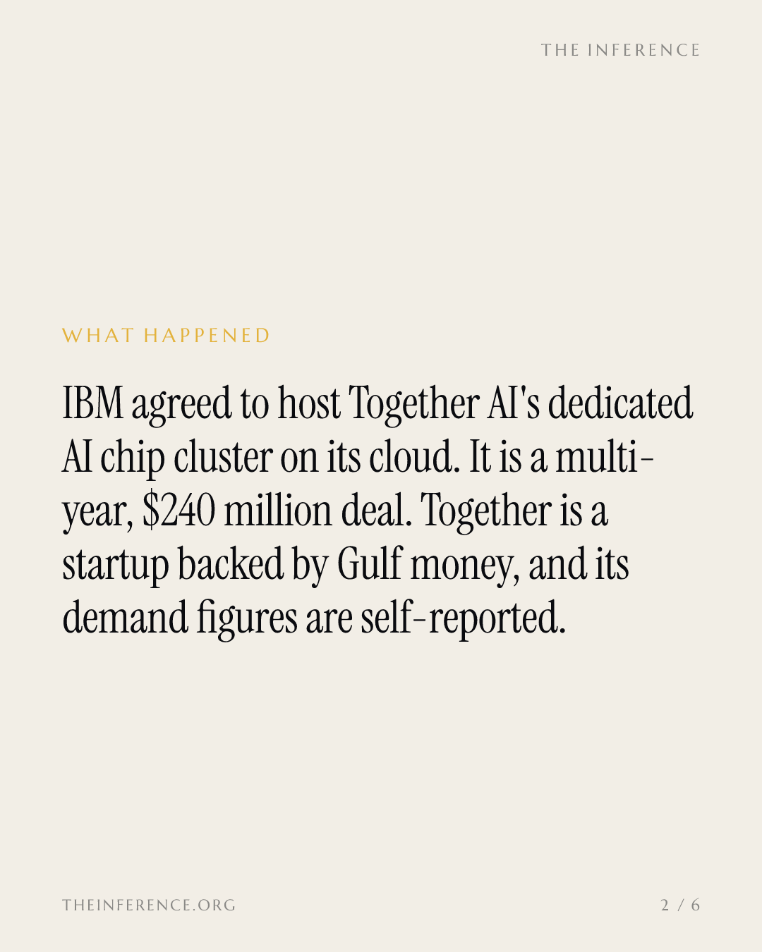 IBM signed a $240 million deal to host Together AI, an $8.3 billion cloud funded by Aramco and Mubadala — slide 1