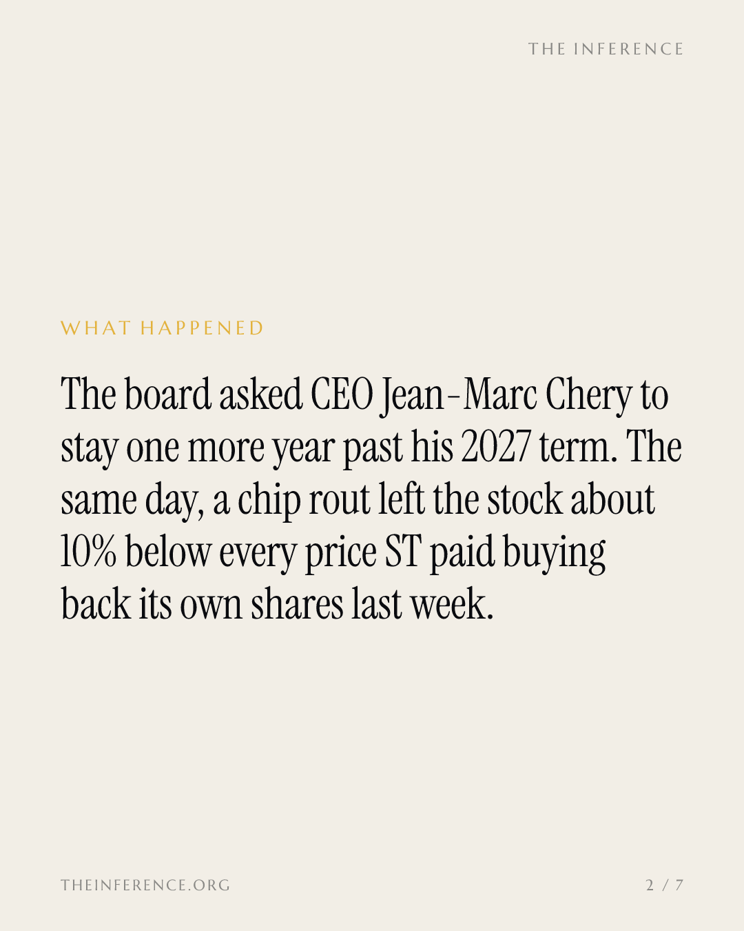 STMicroelectronics proposes one more year for CEO Chery as the stock sinks 10% below its buyback price — slide 1