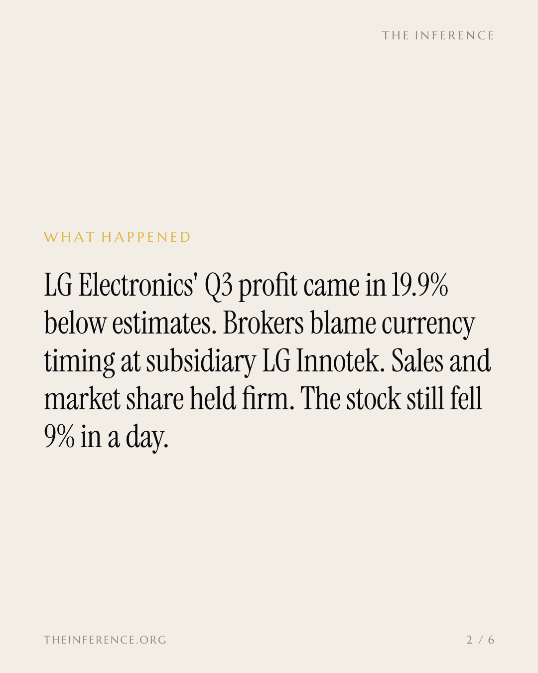 LG Electronics missed its Q3 profit estimate by 19.9% on currency timing at LG Innotek — slide 1