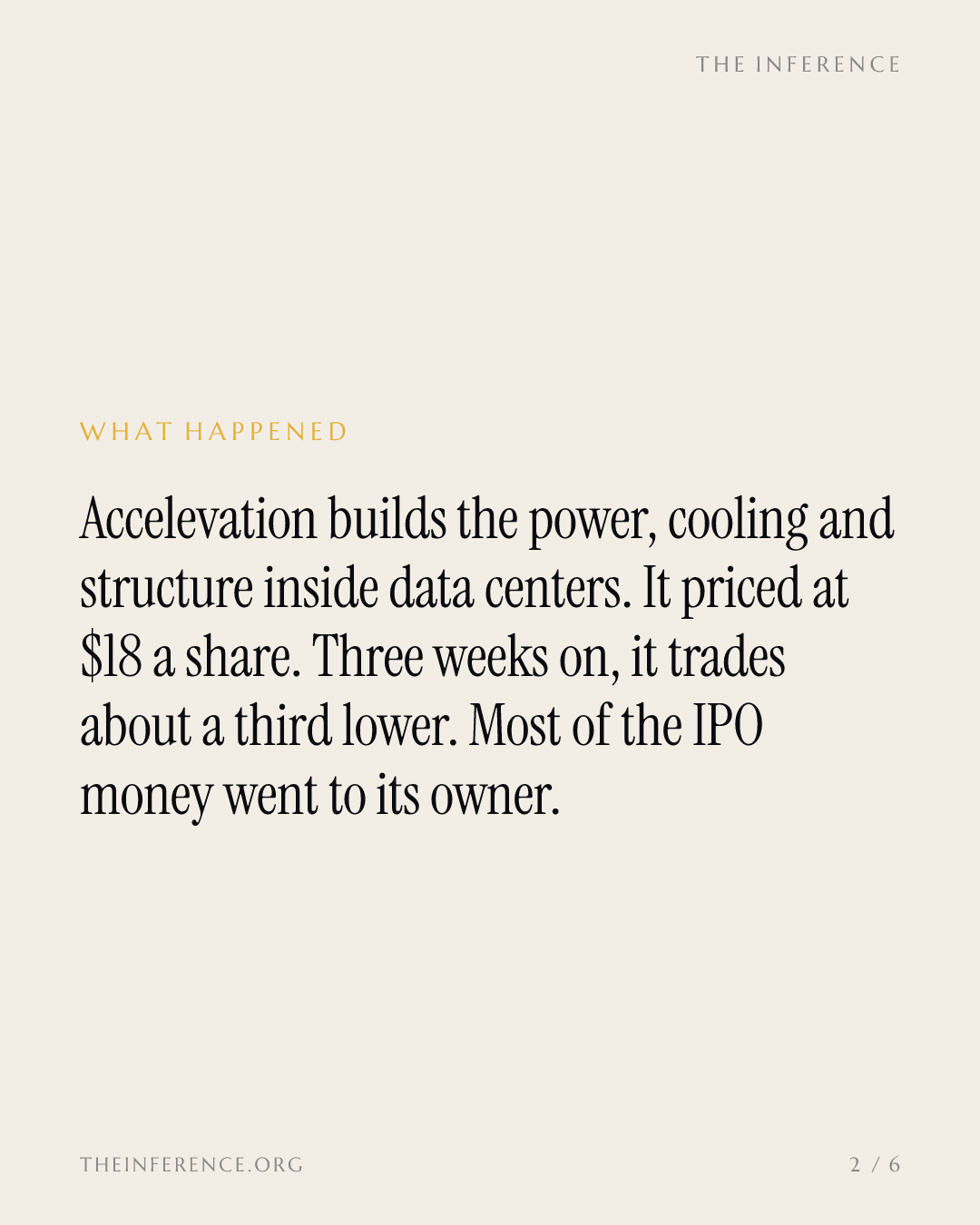 Olympus banked $341 million at $18. Accelevation now trades 31% lower — slide 1